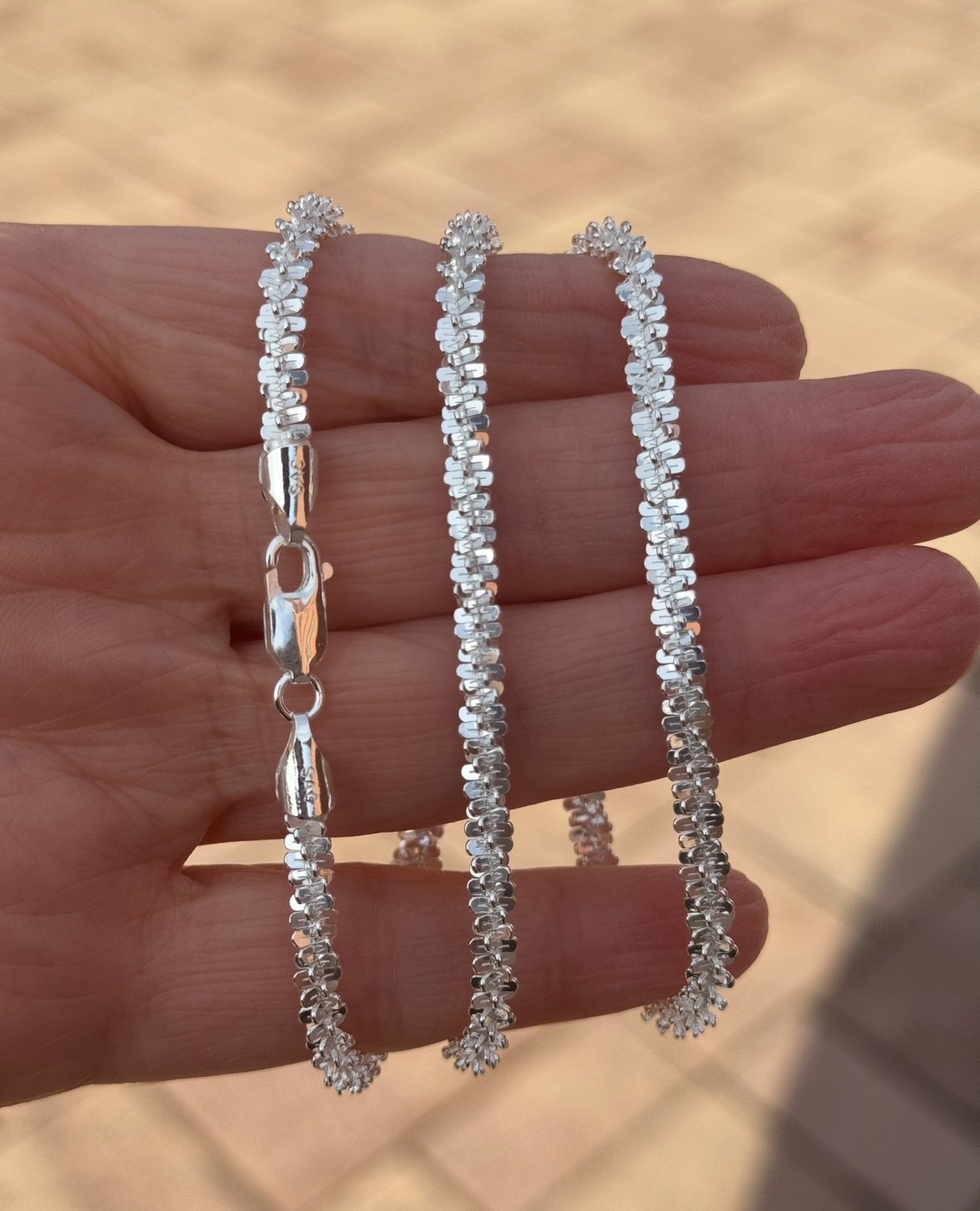 925 Sterling Silver ( 4.6MM) Thick Margarita Criss Cross Rock Sparkle Chain
