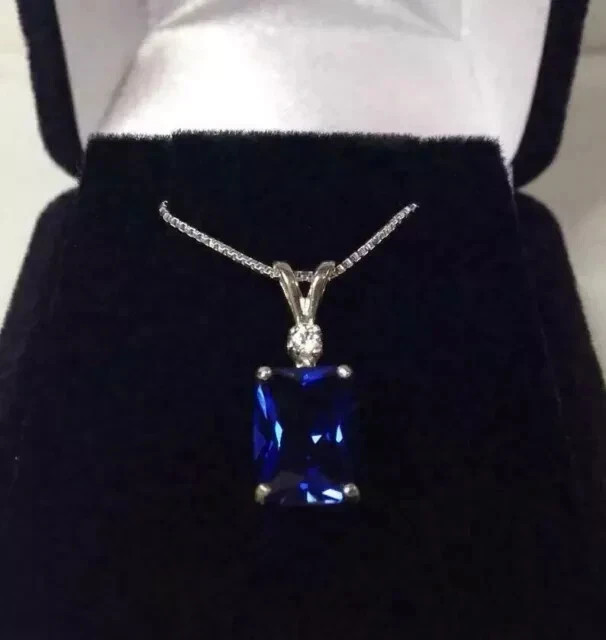 3Ct Emerald Cut Blue Lab Created Women’s Fancy Pendant 14k White Gold Plated