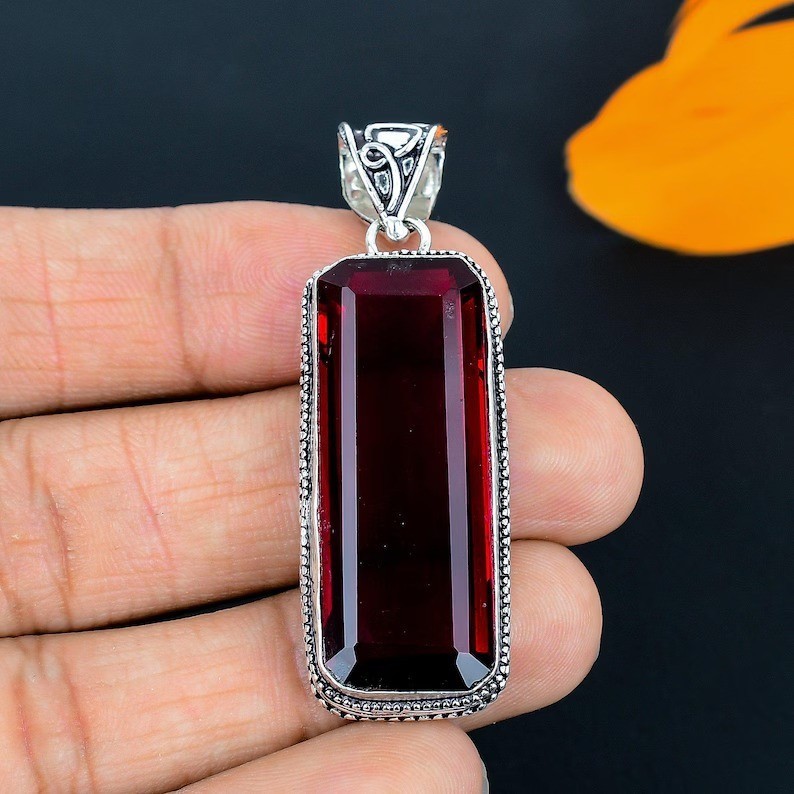 Handmade Mozambique Red Garnet Pendant: Vintage 925 Sterling Silver Jewelry