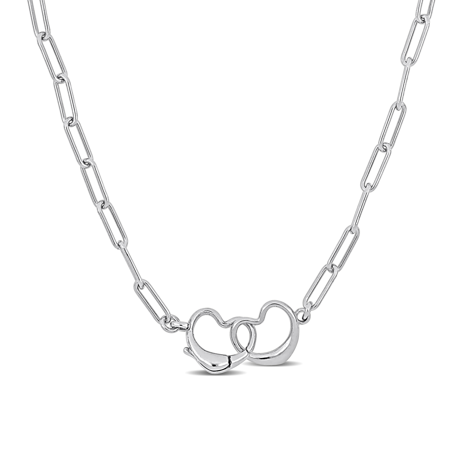 Amour Sterling Silver Paperclip Link with Double Heart Clasp Necklace – 20 in.