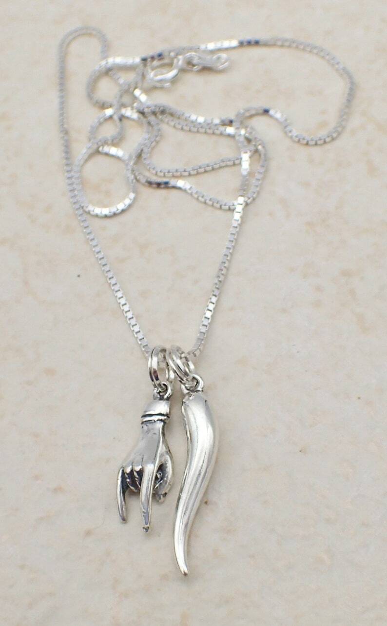 Italian Good Luck Necklace Sterling Silver Mano Cornuto Hand Charm Italian Horn