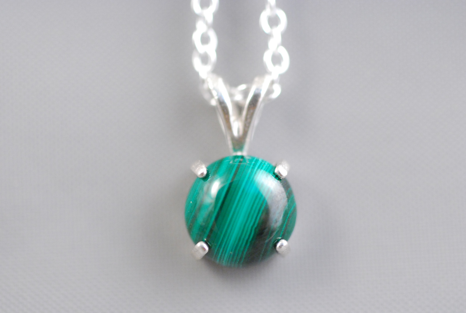 Malachite Pendant Sterling Silver Necklace 18″ Chain Green Stripe New 1.25 carat