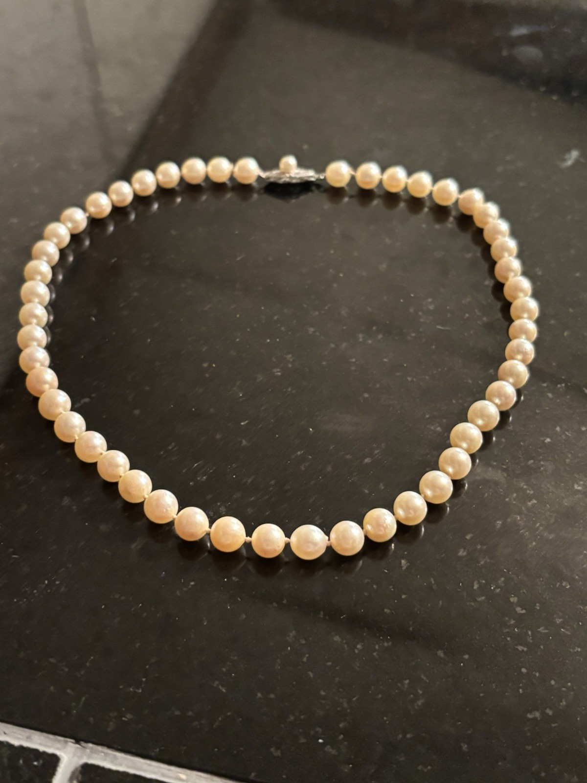 Vintage String of Cultured Pearls Necklace w/ 10k White Gold Filigree Clasp 16in