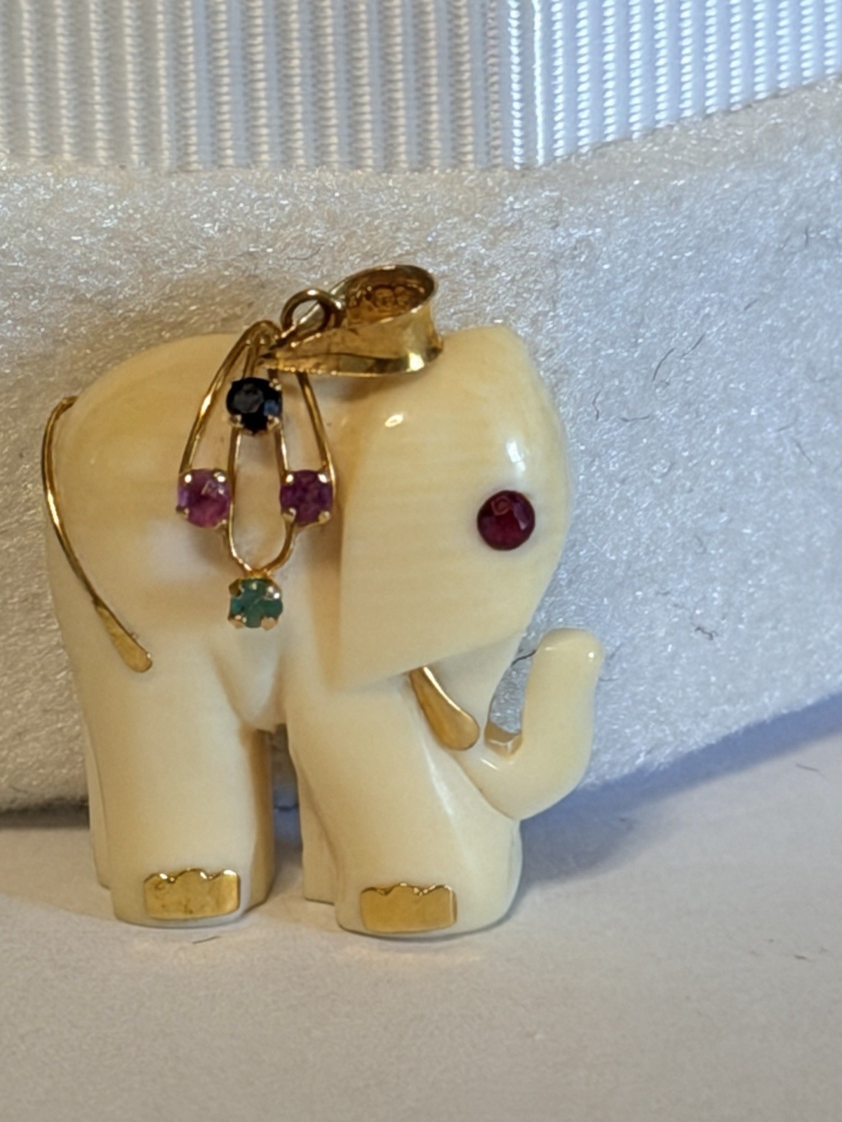 Unusual Carved Elephant Pendant, 14 Kt Gold, Ruby And Emeralds