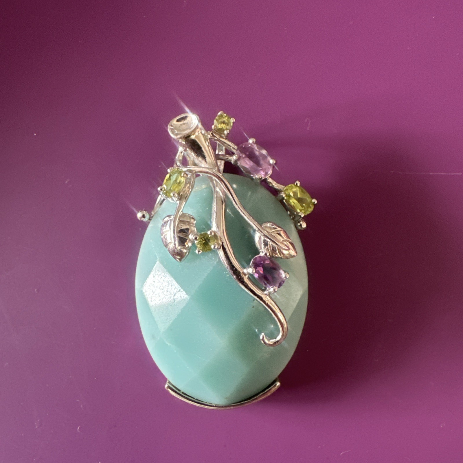 Sterling silver oval amazonite pendant With Amethyst & Peridot Made Thailand