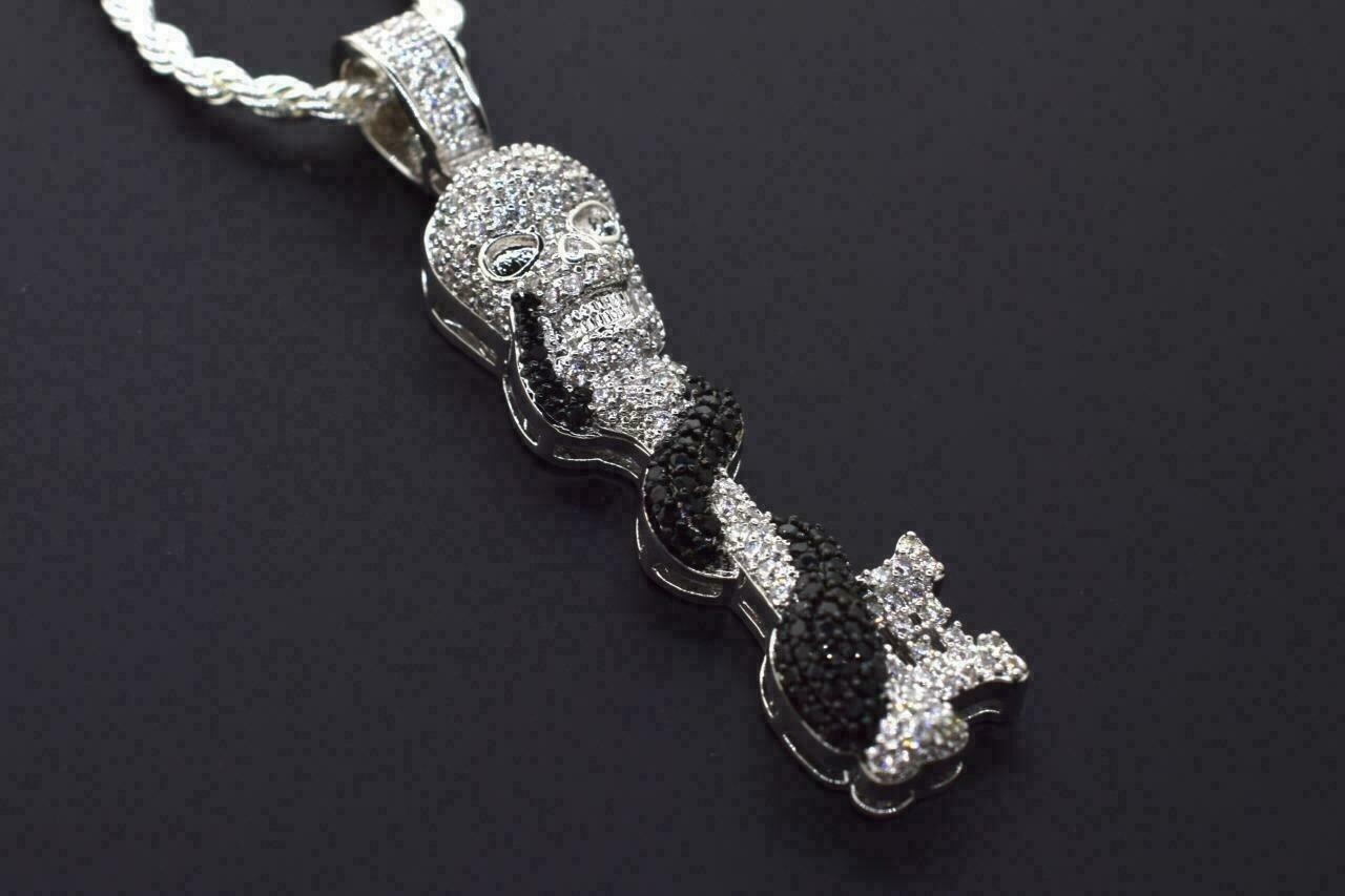 Hip Hop 14K White Gold Finish Black Diamond Skull Key Iced Bling Flashy Charm