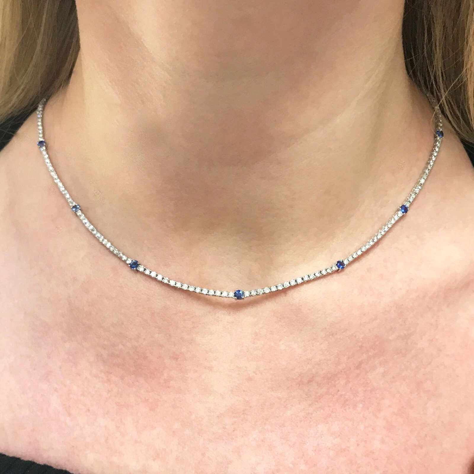 7Ct Lab Created Blue Sapphire Diamond 14k White Gold Plated Tennis Necklace 17″