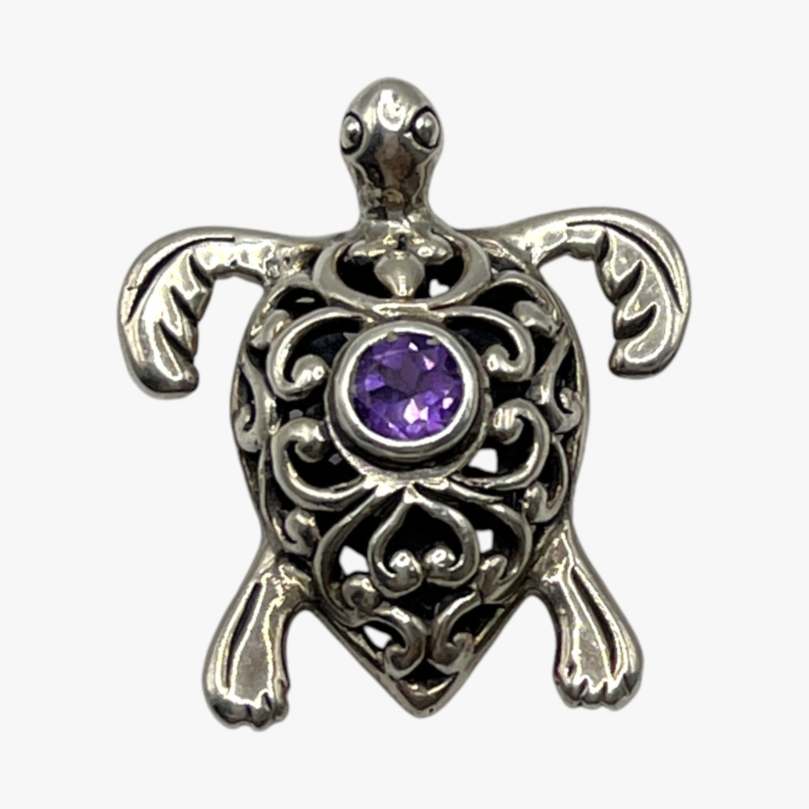 Handcrafted Sterling Silver Amethyst Turtle Pendant ATI Bali Openwork Scrollwork