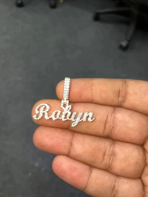 1.10Ct Round Cut Real Moissanite Custom Name Charm Pendant 14K White Gold Plated