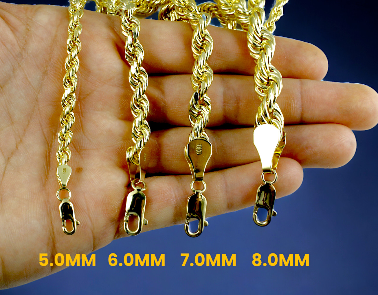 10K Yellow Gold Rope Bracelet Chain Diamond Cut Real Gold 2mm-10mm 7″-9″