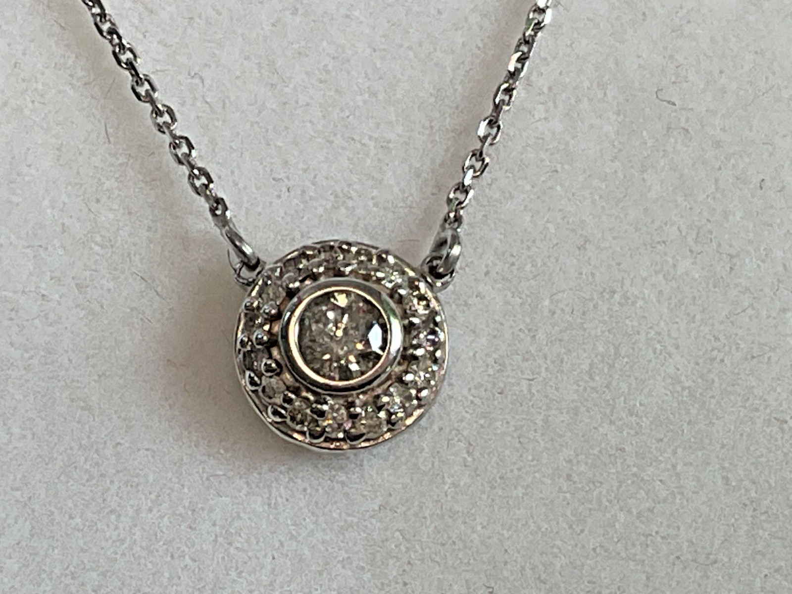 14k Diamond Halo Pendant Necklace – Bezel Set Center Stone, Pave Surround