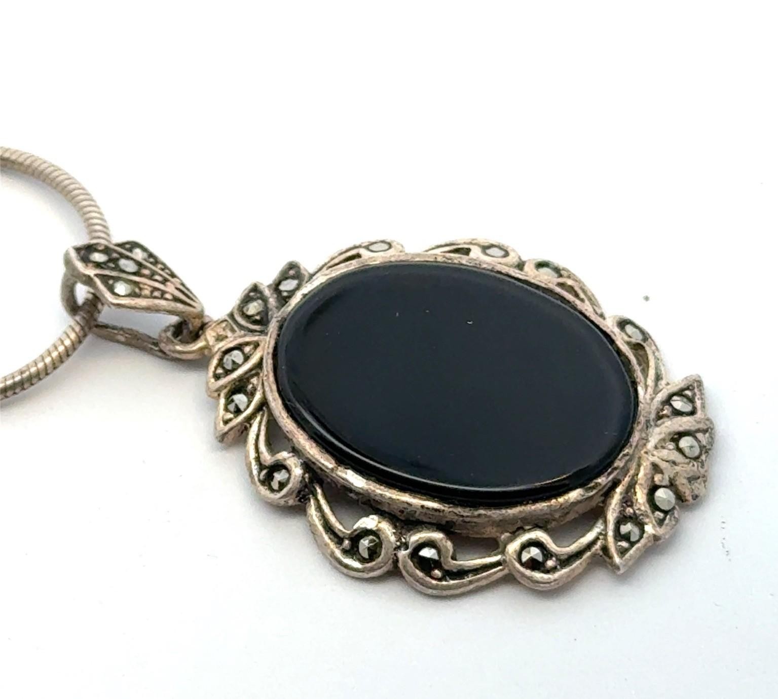 18” x 1.22mm .925 Sterling Silver Onyx & Marcasite Pendant Necklace 9.9g