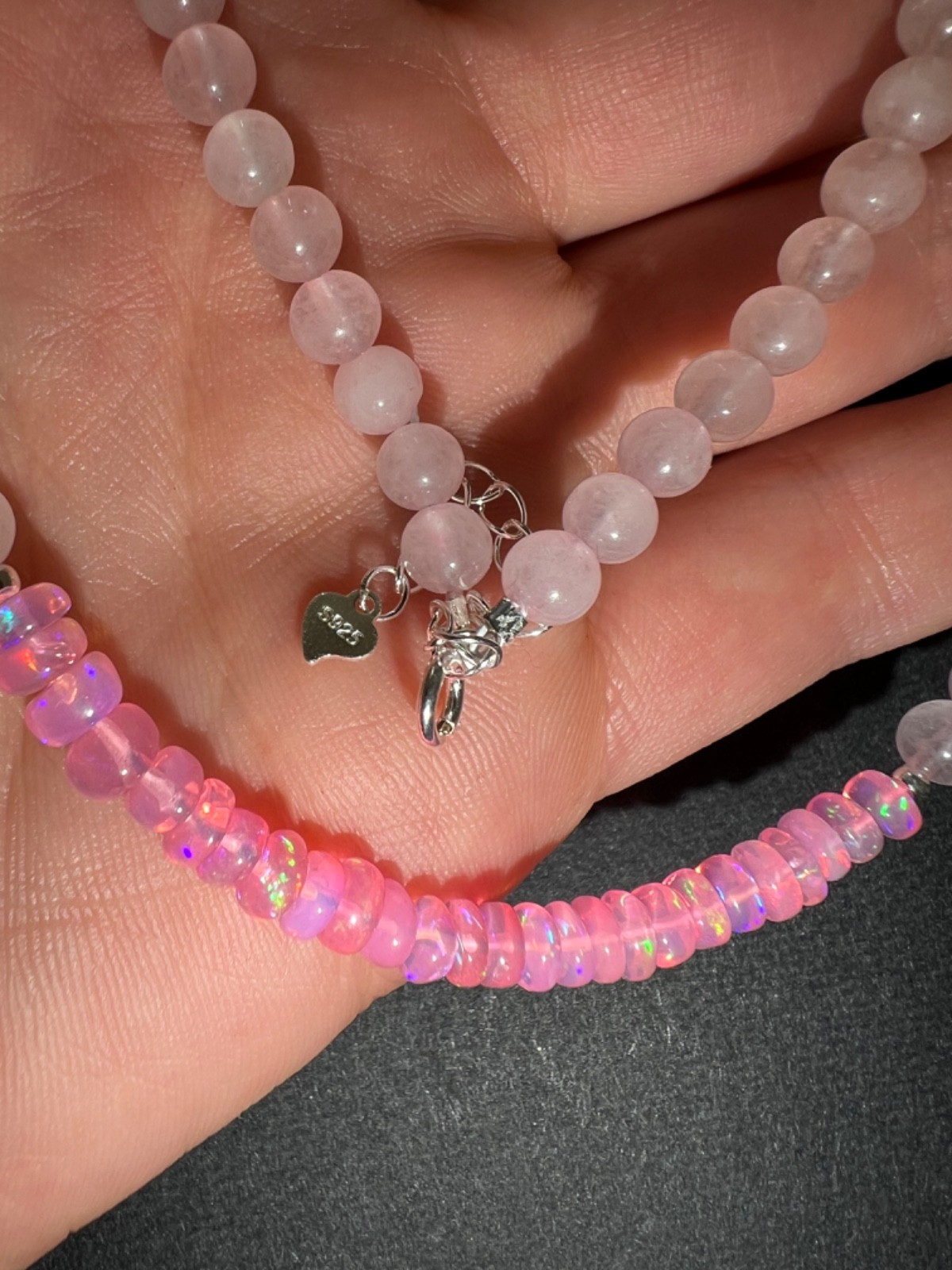 Rose Quartz & Pink Ethiopian Opal beads Choker Necklace in 925 Silver