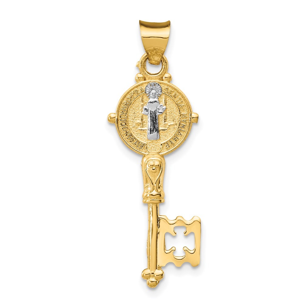 14k Yellow Gold with White Solid St. Benedict 2-Sided Cross Key Pendant 1.13 g