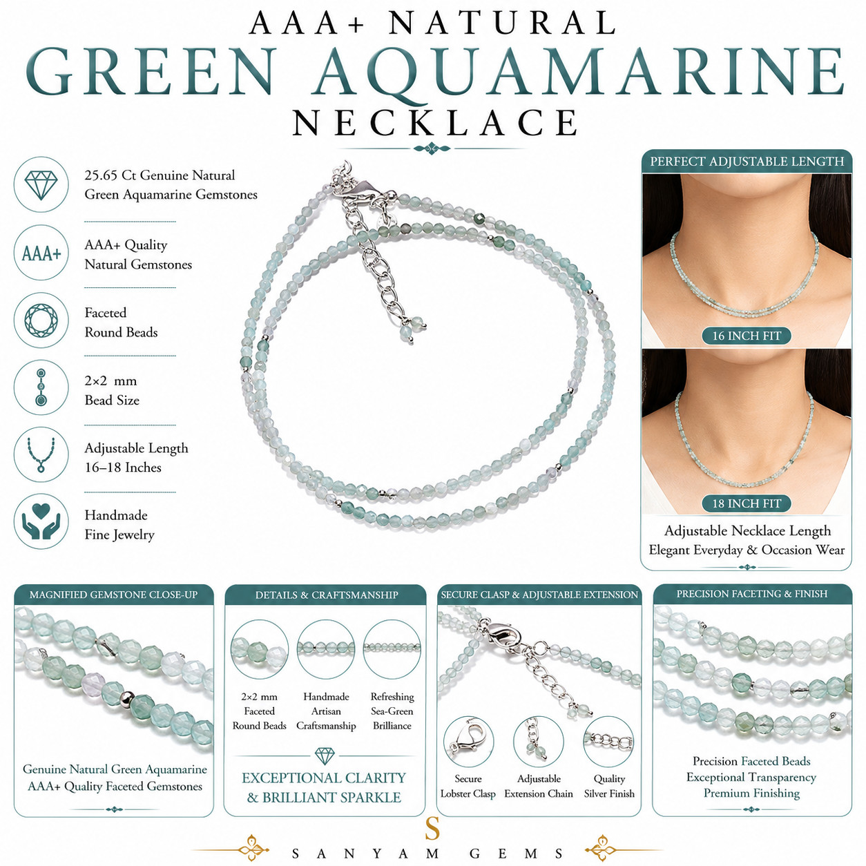 AAA+ Natural Green Aquamarine Round Gemstone Faceted Beads Necklace 16-18″ P-28