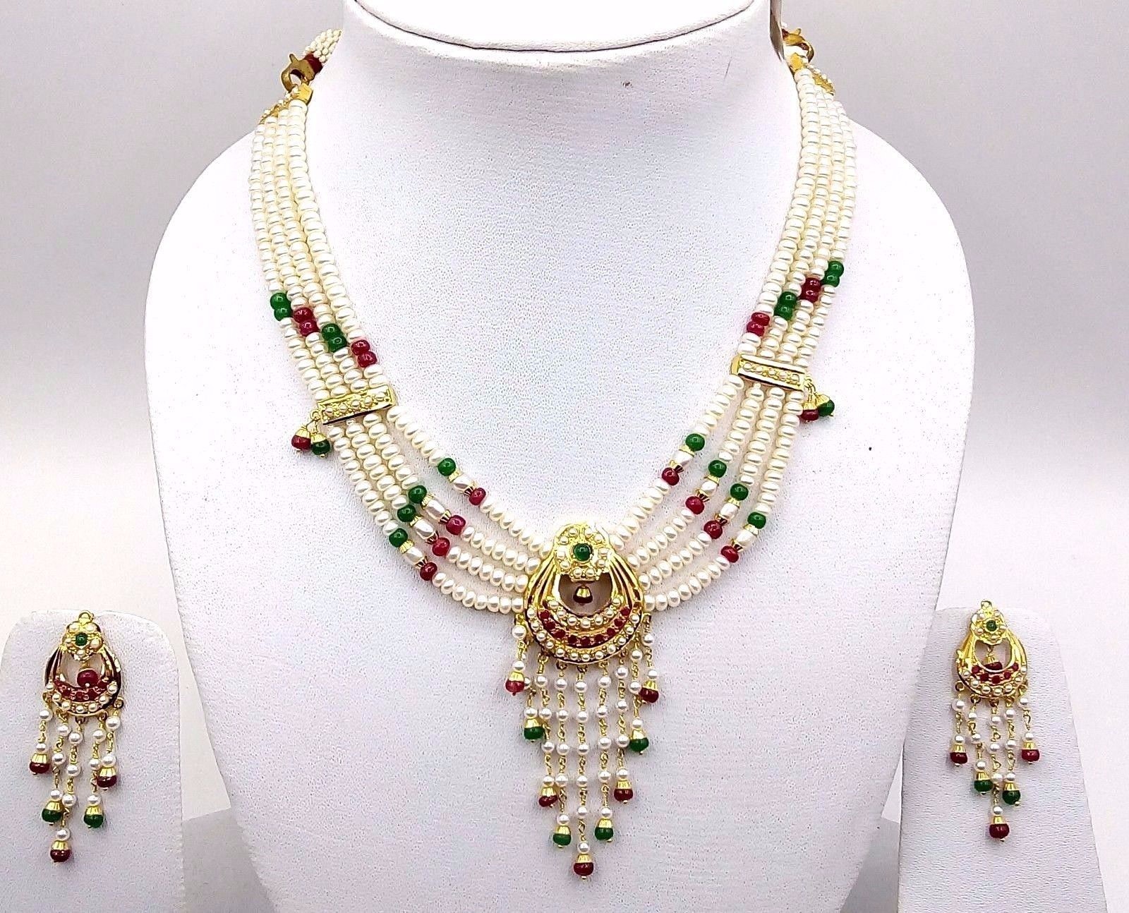 INDIAN BRIDAL GOLD PENDANT SET WITH EARRING SET RUBY EMERALD BEADED NECKLACE SET