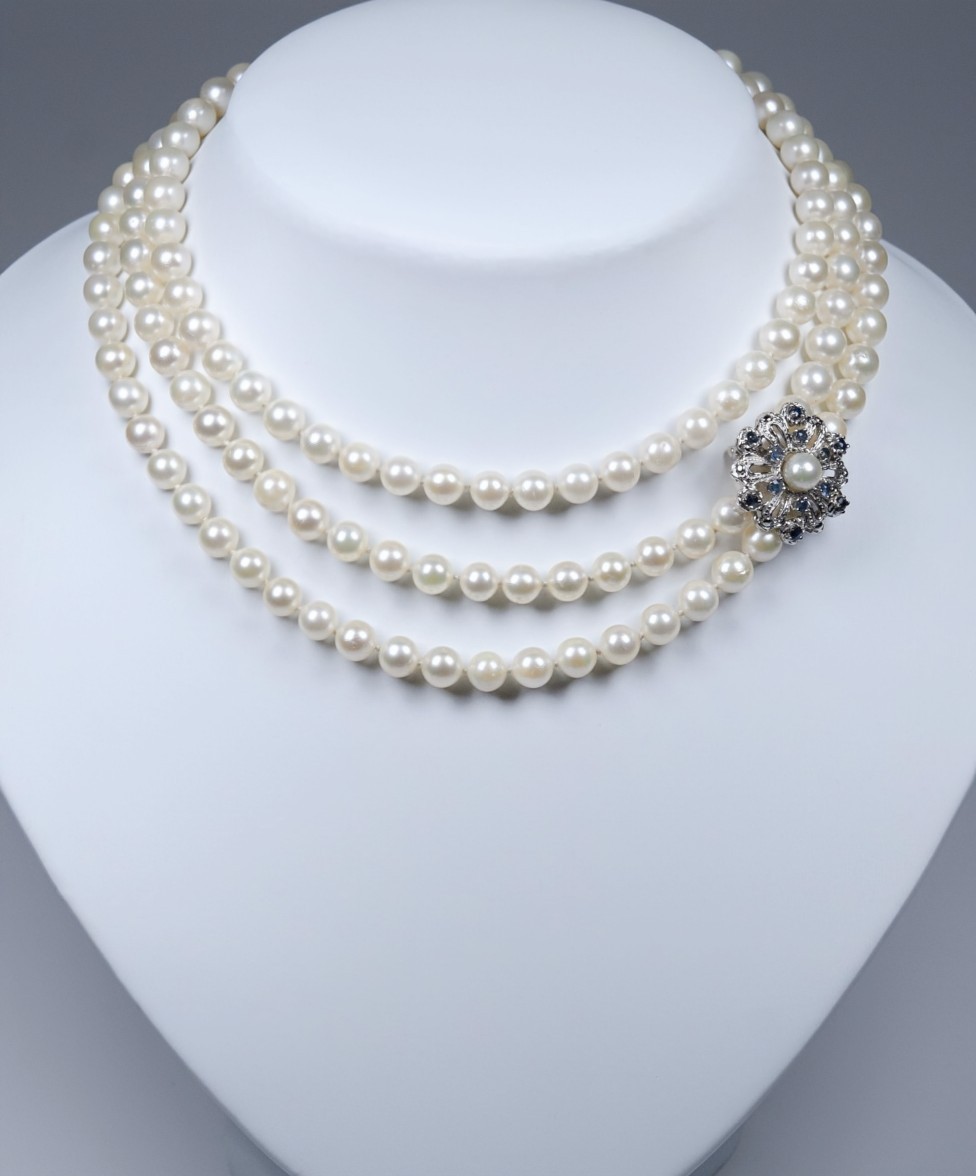 46″ Akoya Pearl Necklace Rope 6.5–7mm w/ .835 Silver Sapphire Enhancer .80ctw