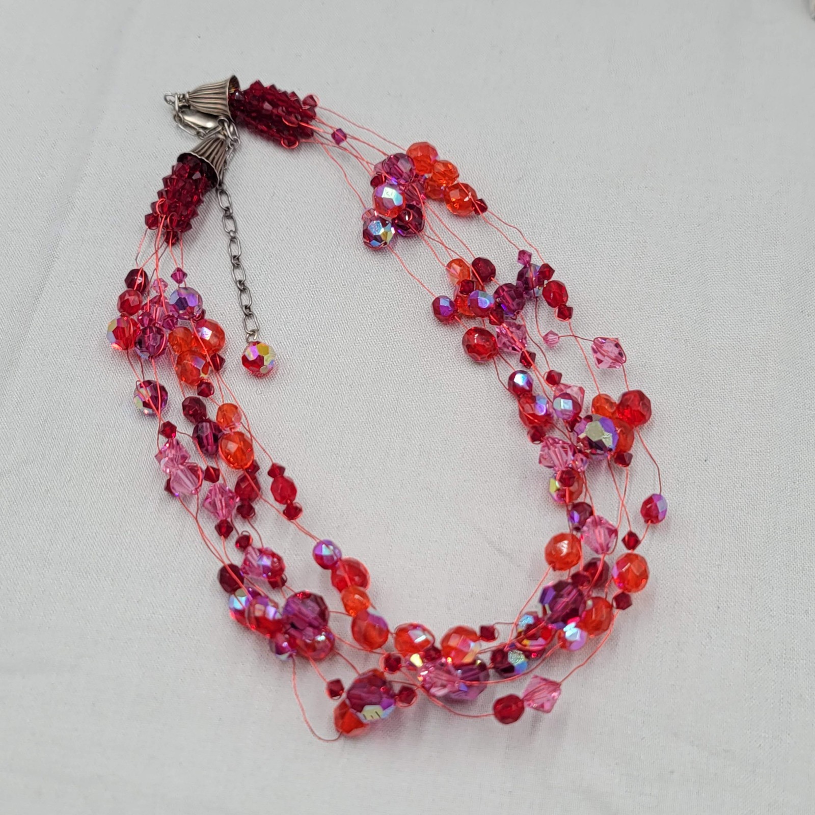 Sterling Silver Necklace 925 Red Glass Bead Layered Wire Multistrand 18″ adj