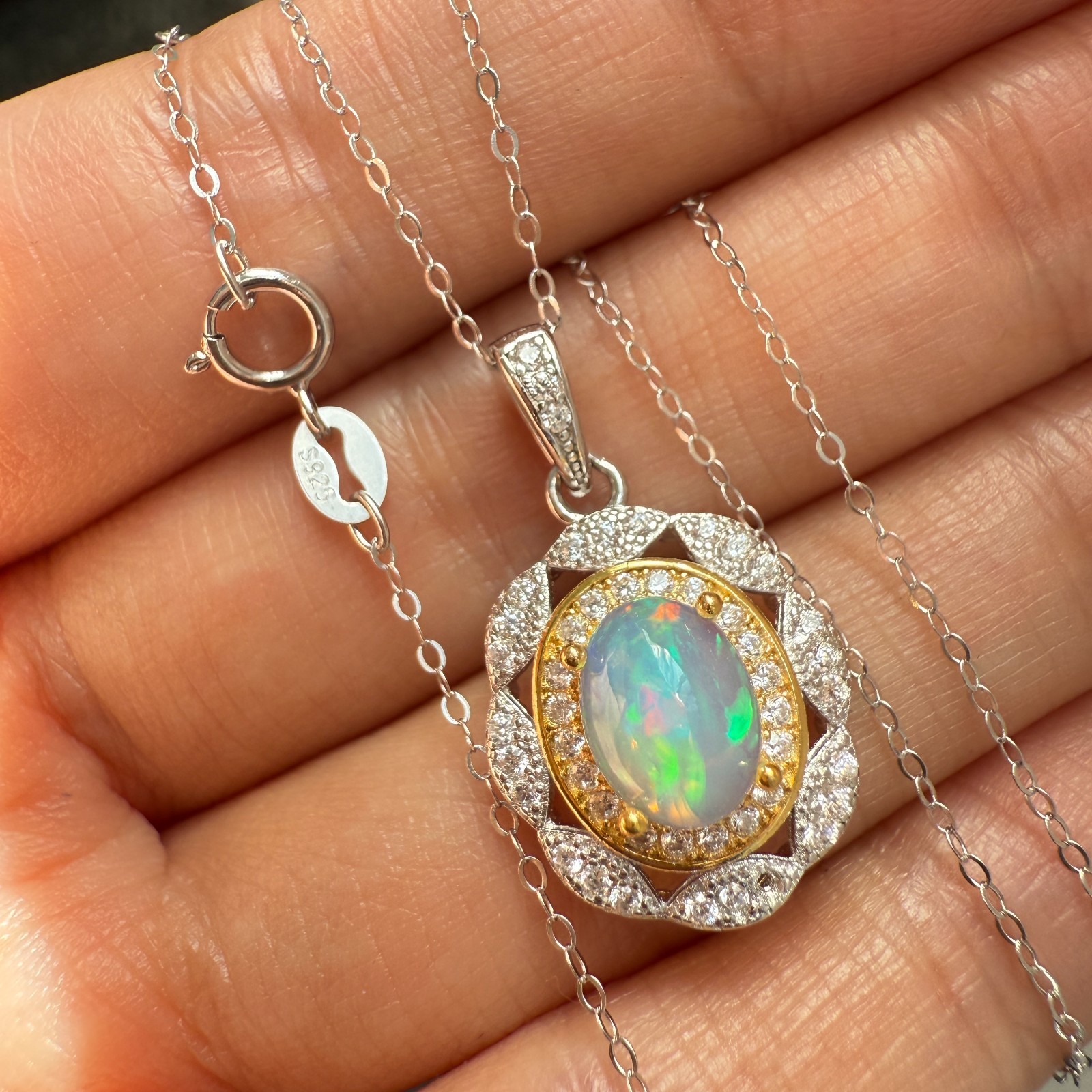 925 Sterling Silver Necklace 8x6mm Natural Opal Handmade Flower Birthstone