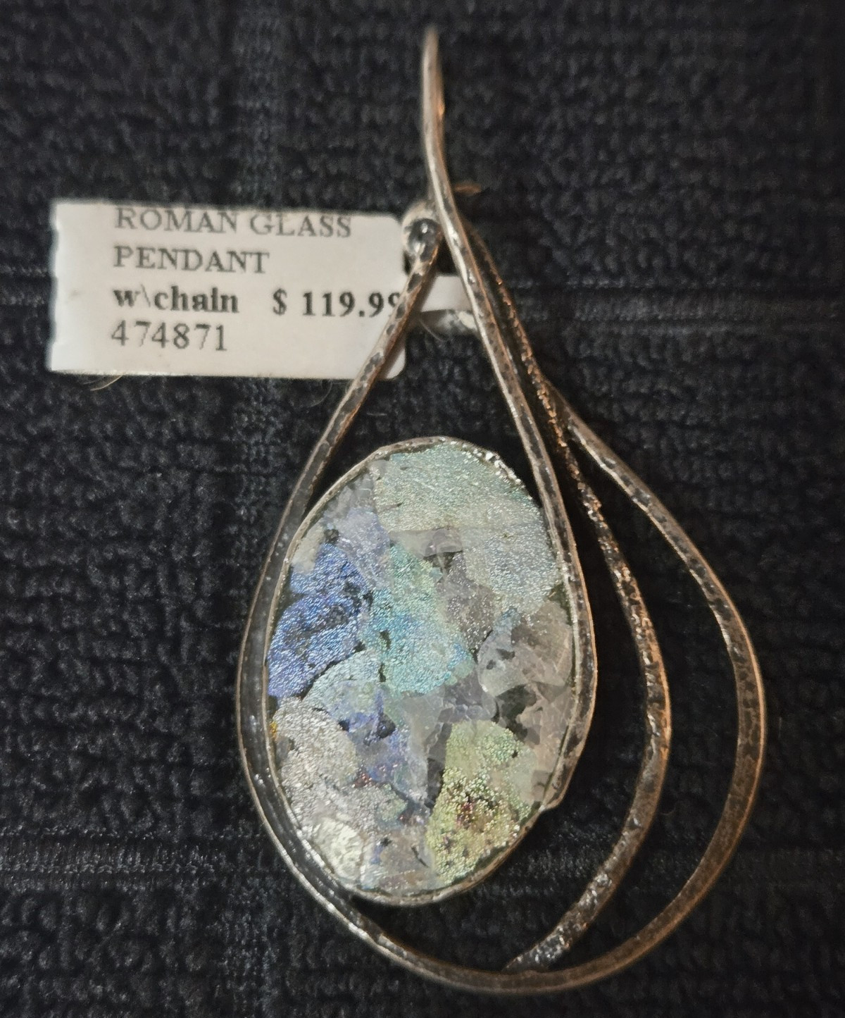 ​Ancient Roman Glass Pendant Sterling Silver 925 Israel Shablool SR Teardrop
