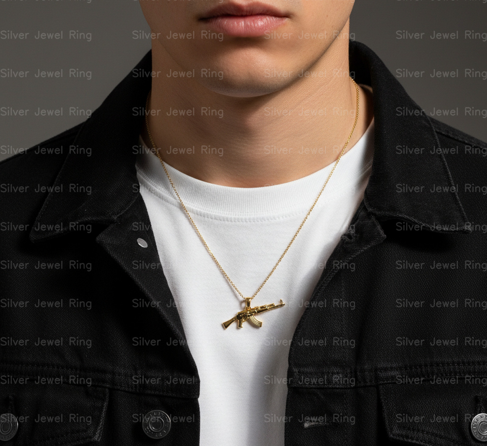 Silver Jewel Ring 925 Sterling Silver AK Style Rifle Pendant Necklace Men ‘s