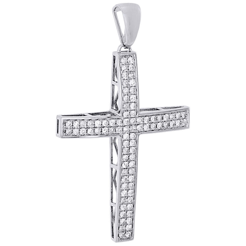 10K White Gold Mens Round Diamond Domed Cross Pendant 2.80″ Pave Set Charm 3 Ct.