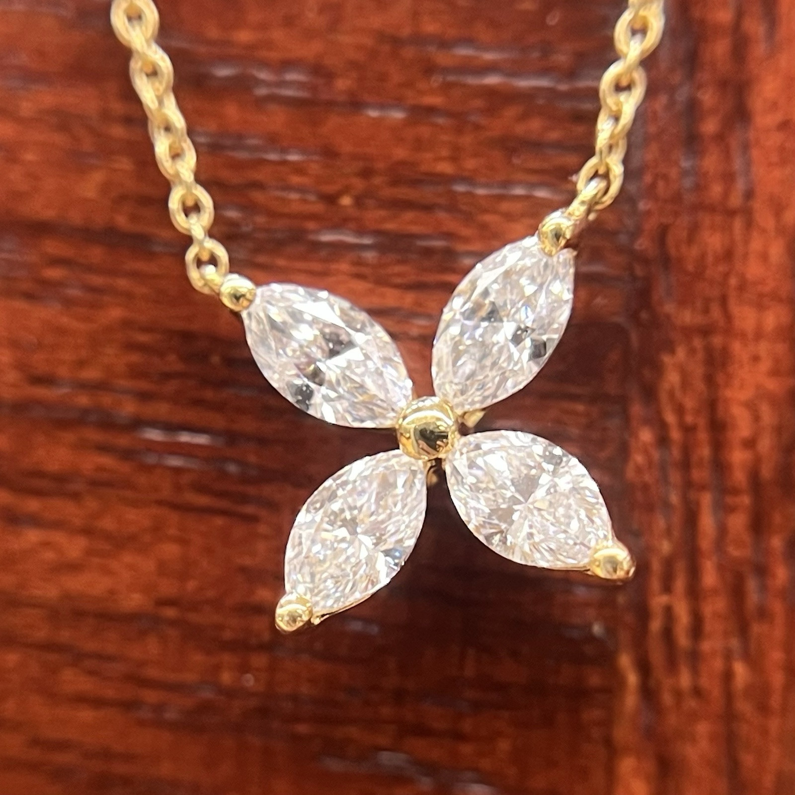 Dainty 0.47cts Marquise Real Diamonds Flower Pendant 18K Yellow Gold Necklace
