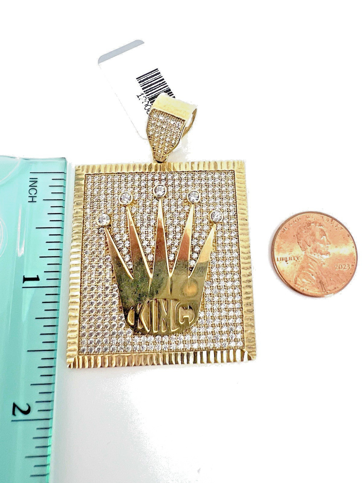 10K Yellow Gold Solid King Crown Pendant CZ Pave Square Frame Heavy Men’s OroAu