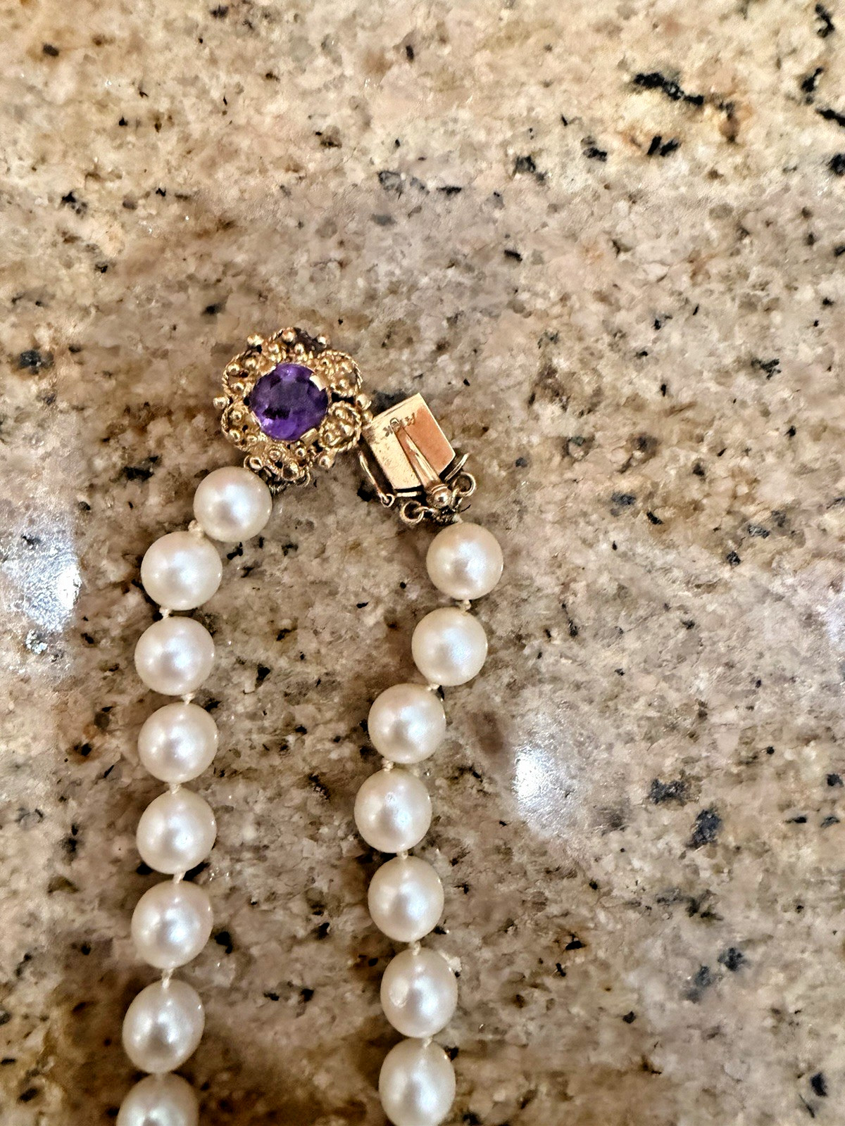 Saltwater Pearls Strand With 14 Karat Gold Amethyst Clasp Vintage Jewelry Nice