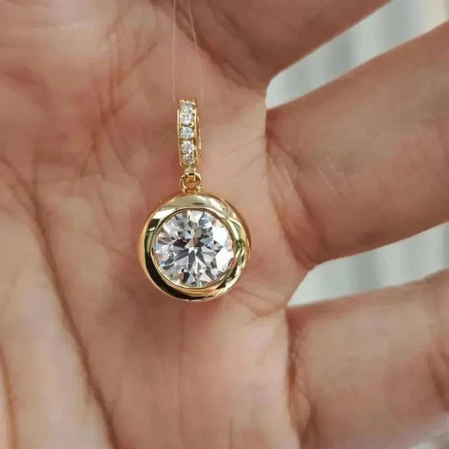 Real Moissanite 2.40Ct Round Cut Bezel Set Pendant Solid 14k Yellow Gold Plated