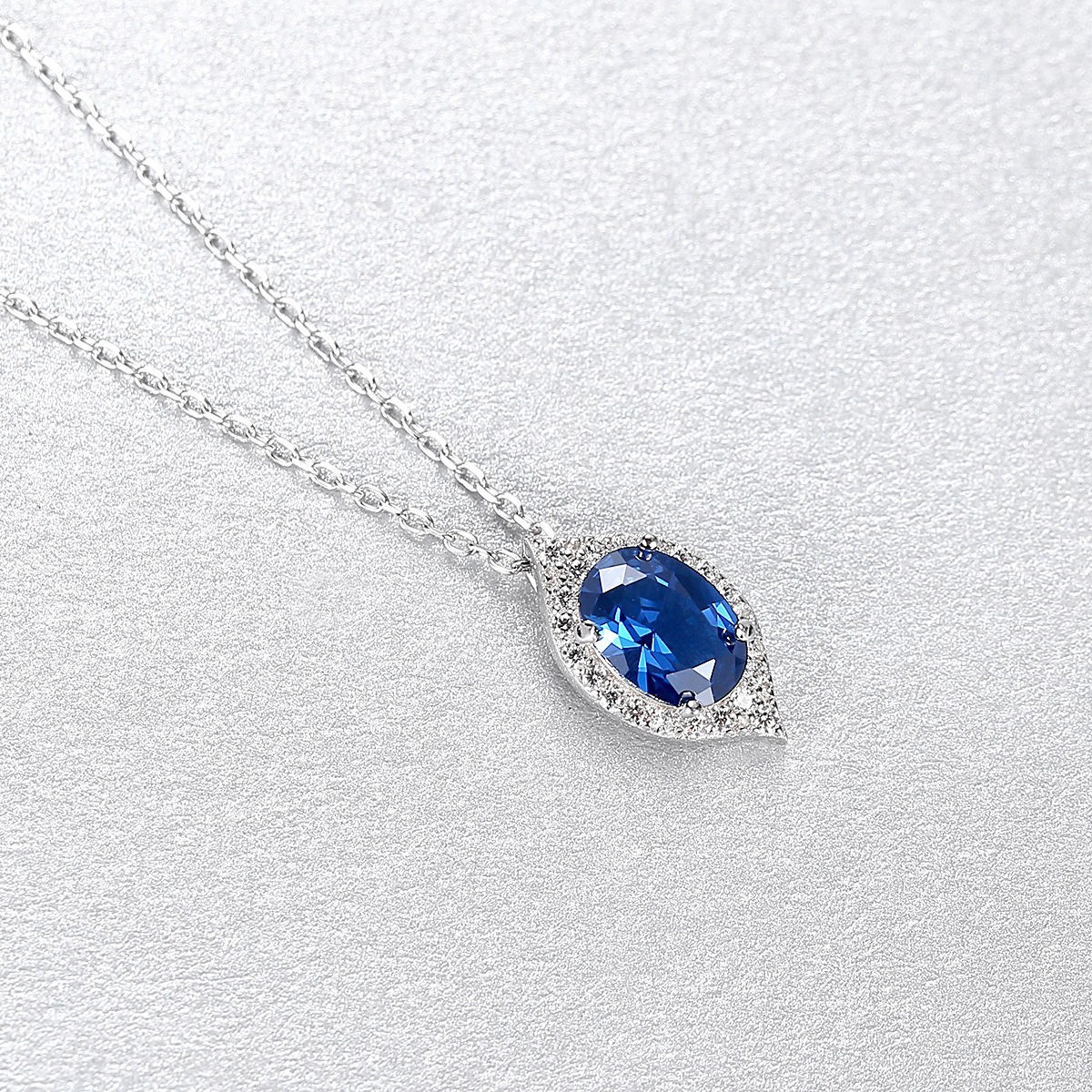 925 Sterling Silver Blue Sapphire Oval Shape Halo Necklace Elegant Women Gift