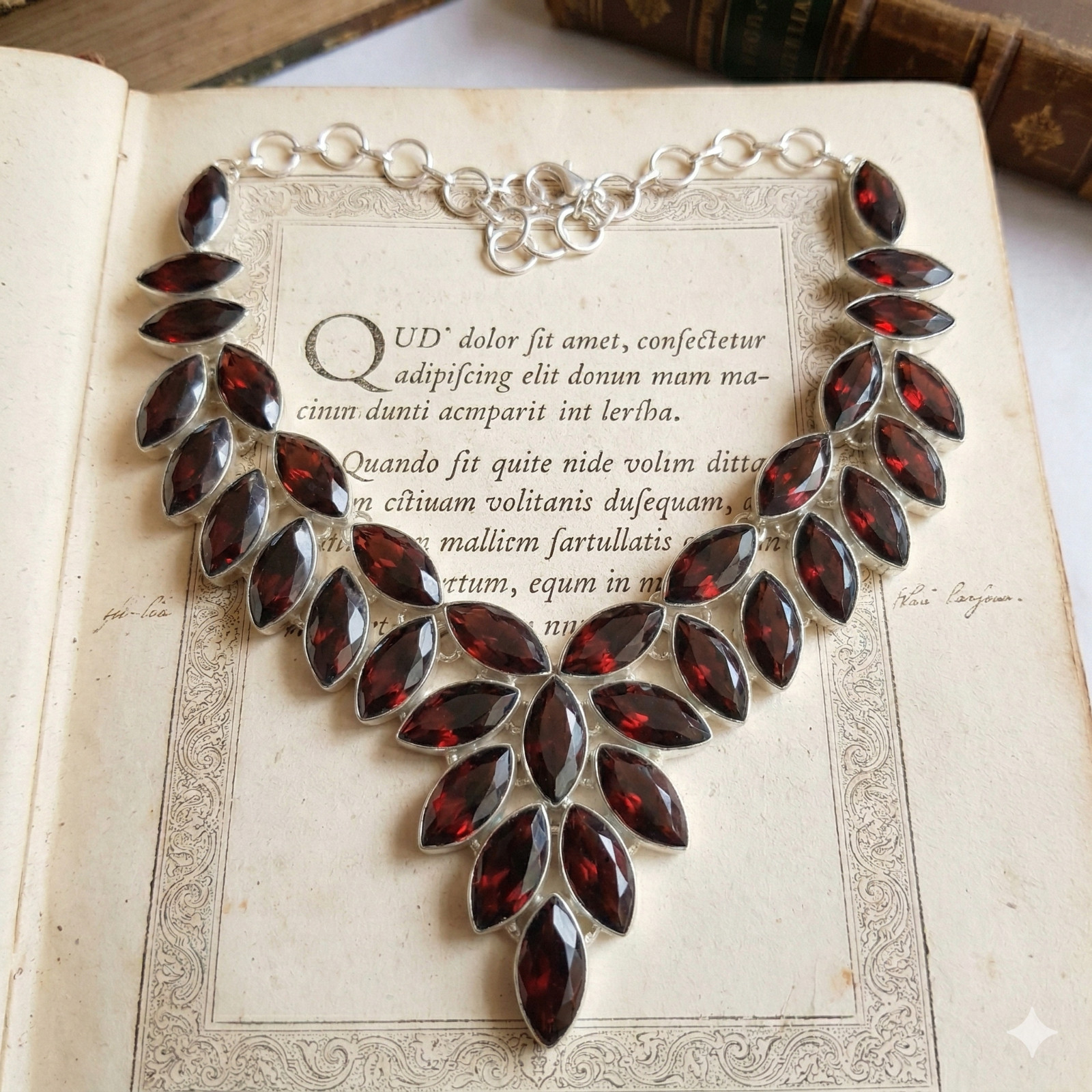 Mozambique Red Garnet Gemstone Necklace 925 Sterling Silver Leaf Statement Bib