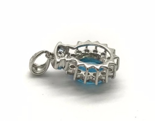 Sterling Silver 925 Oval Swiss Blue Topaz Pave – CZ Burst Flower Halo Pendant