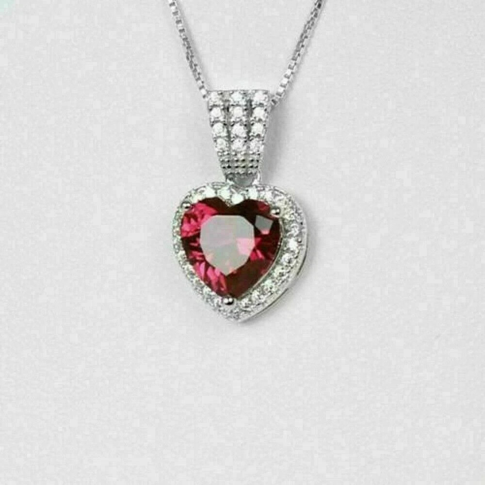 2Ct Heart Shape Red Ruby Gift For Women’s Pendant 14K White Gold Over Free Chain