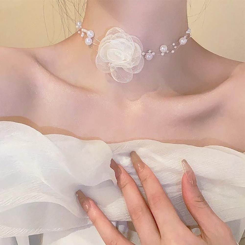 Rose Pearl Necklace-Neck Jewelry-Neck Flower Bone Chain-Necklace Fashion Acce…