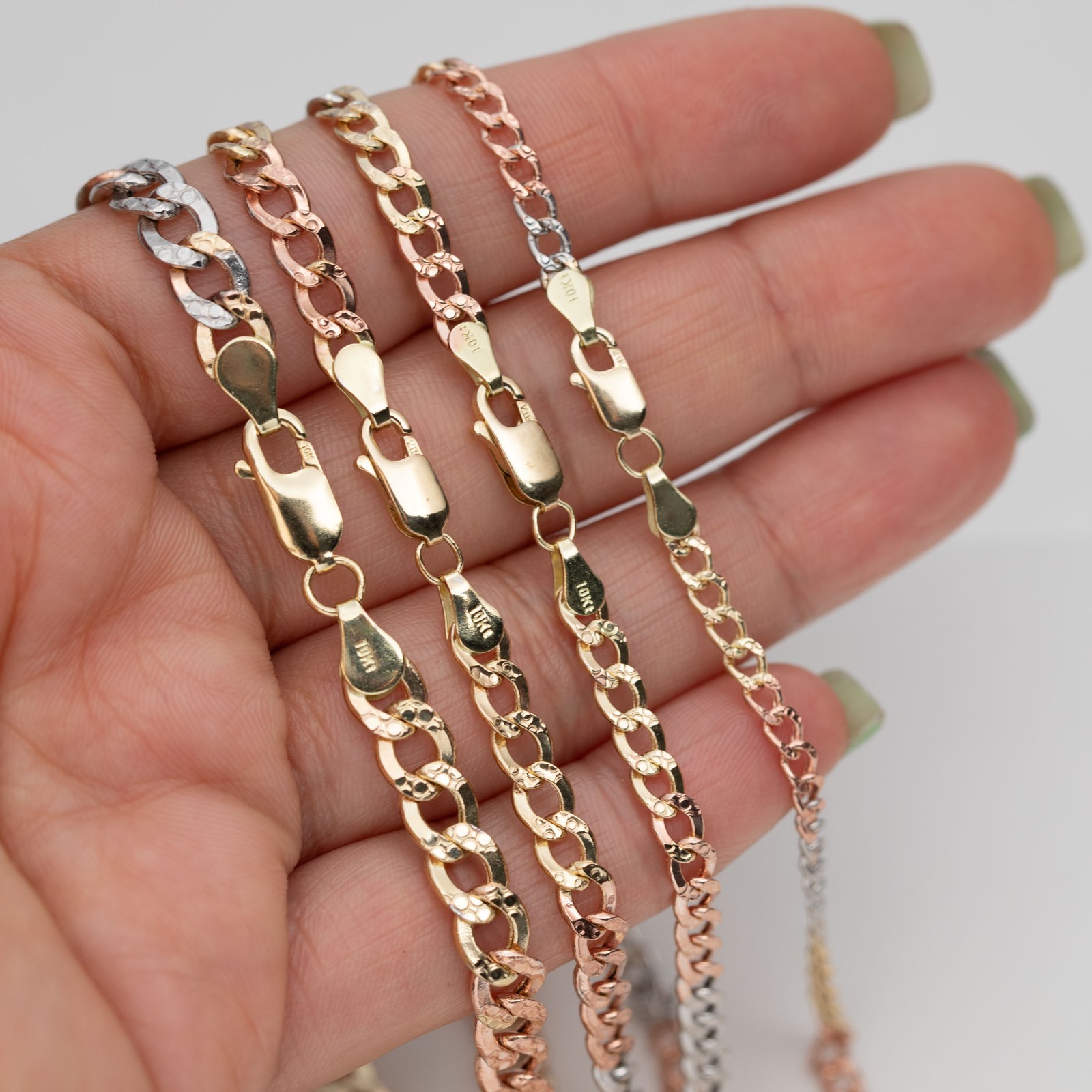 10K GOLD Nugget Design Curb Link Chain Yellow Rose White Gold All Sizes