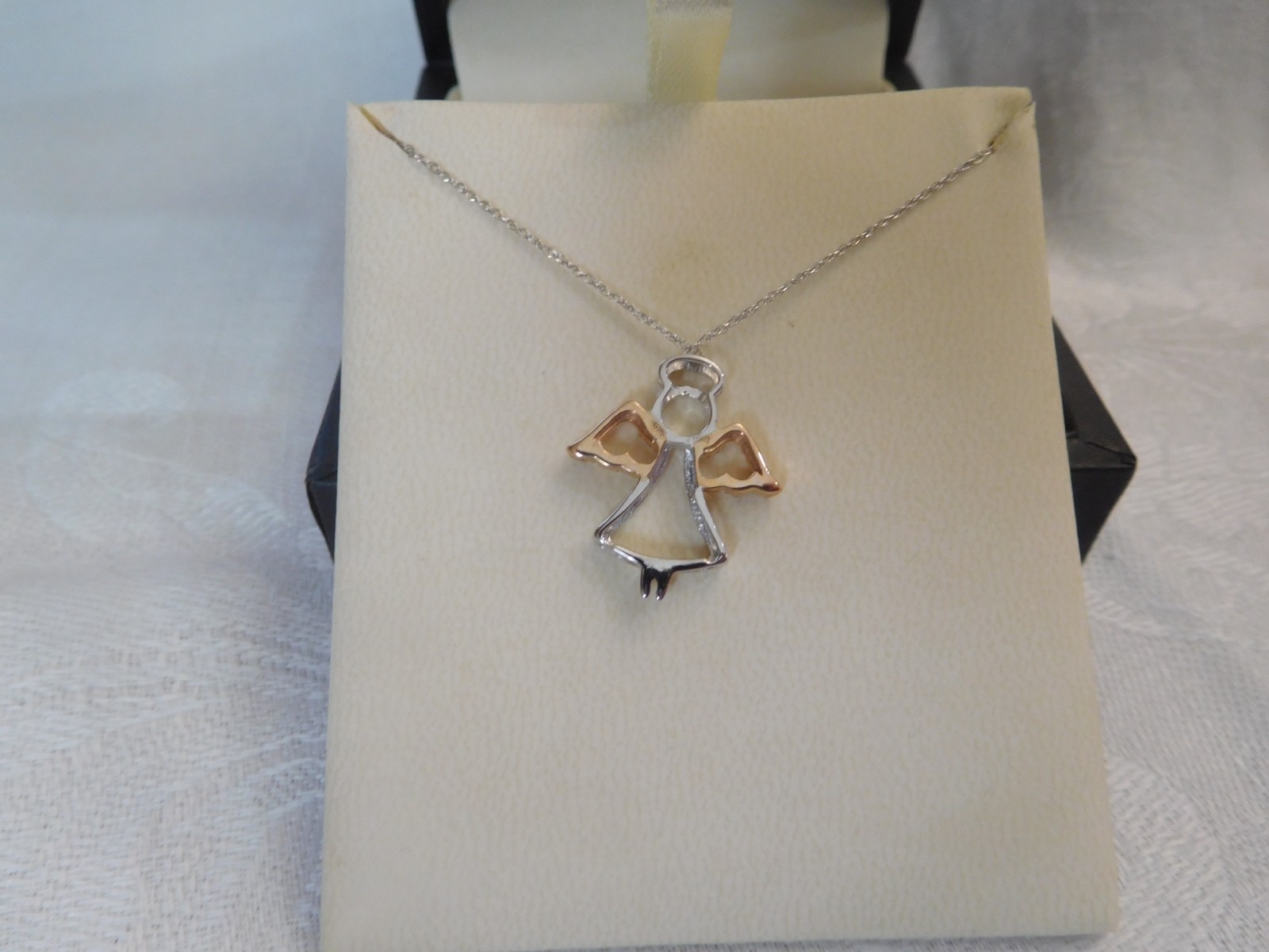 10K Solid White + Rose Gold ANGEL w HALO Pendant JWBR 18″ Inch Chain Necklace