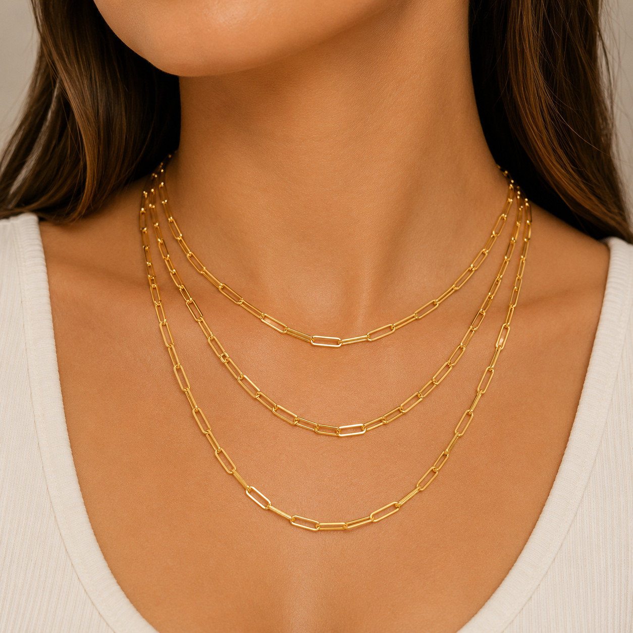 18ct Gold Plated 925 Sterling Silver Triple Layer Paperclip Chain Necklace