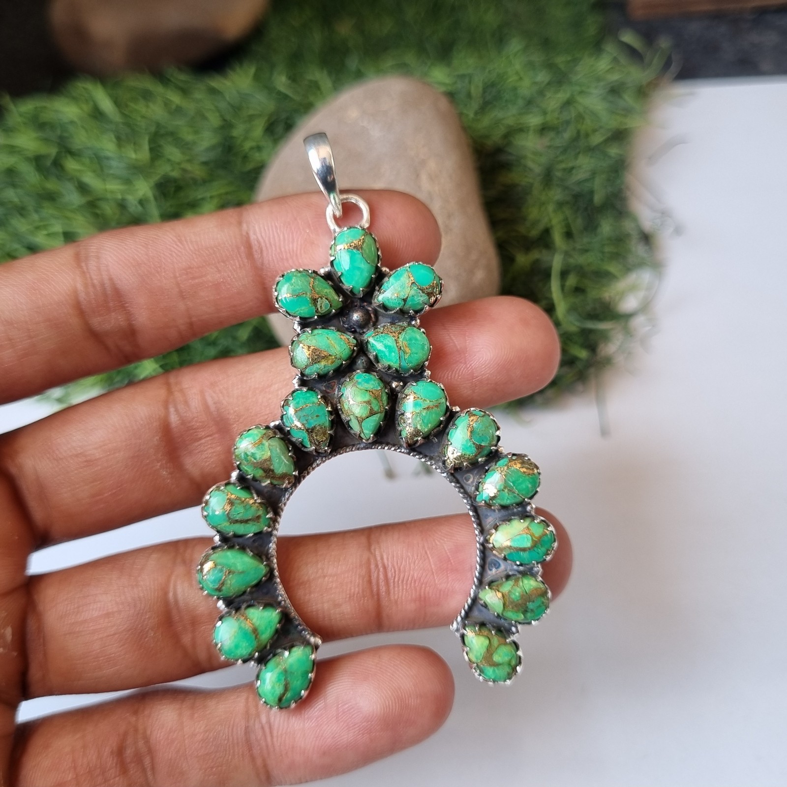 Large Green Copper Turquoise Gemstone Pendant 925 Sterling Silver Gift BT89