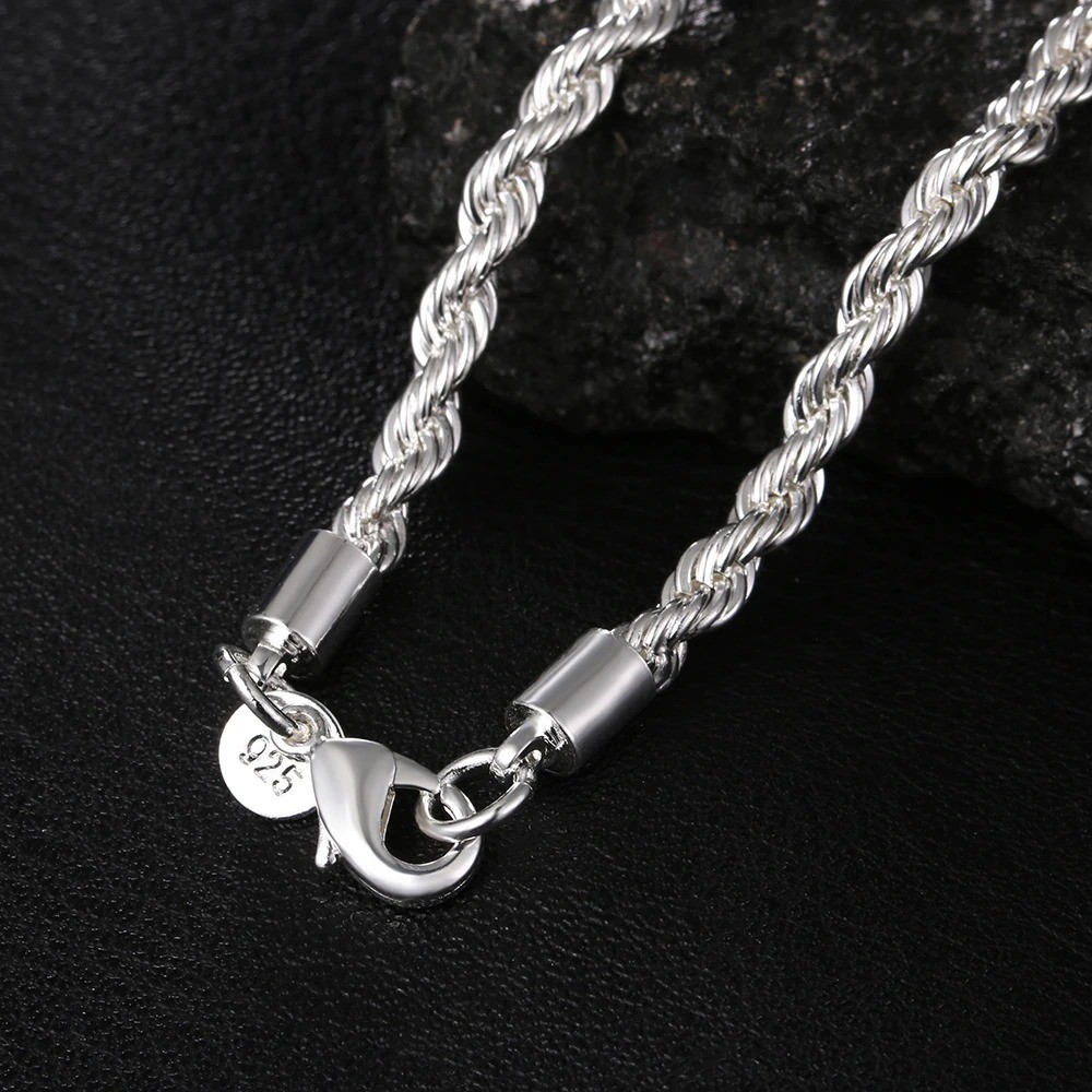 4mm Diamond Cut Solid 925 Sterling Silver Italian Rope Chain Men’s Necklace
