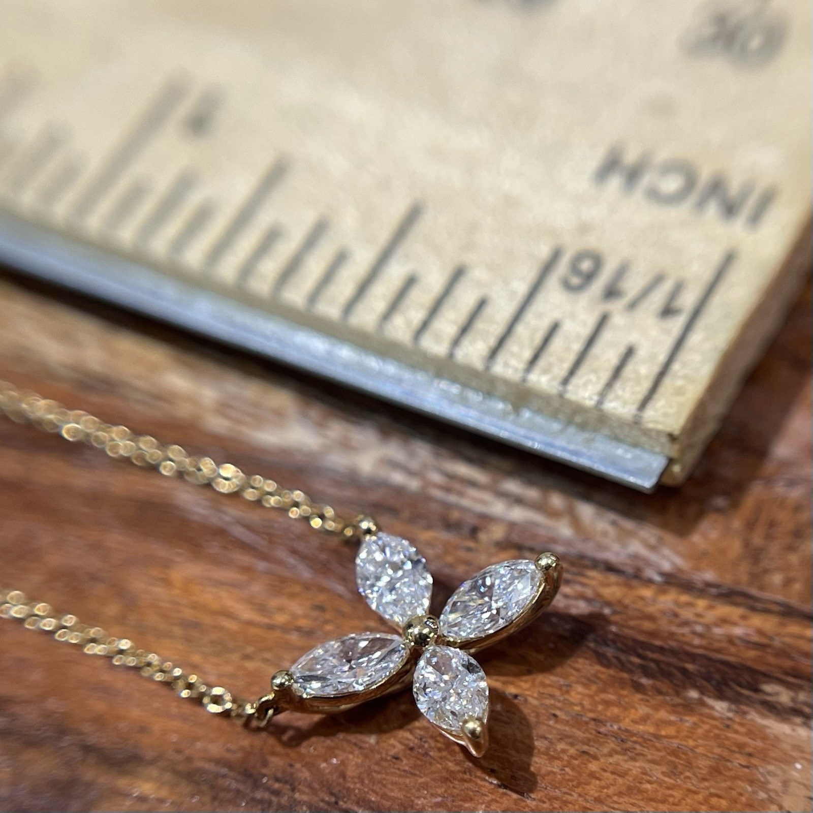 Dainty 0.47cts Marquise Real Diamonds Flower Pendant 18K Yellow Gold Necklace