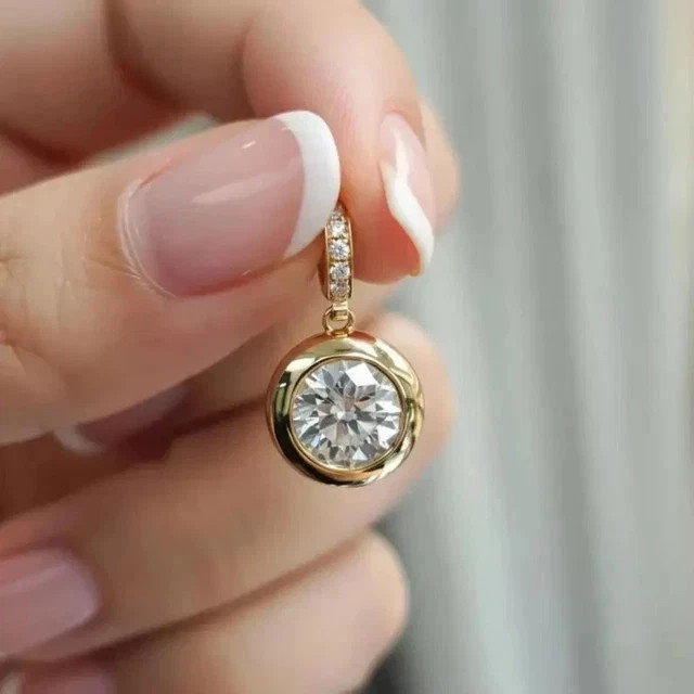 Real Moissanite 2.40Ct Round Cut Bezel Set Pendant Solid 14k Yellow Gold Plated