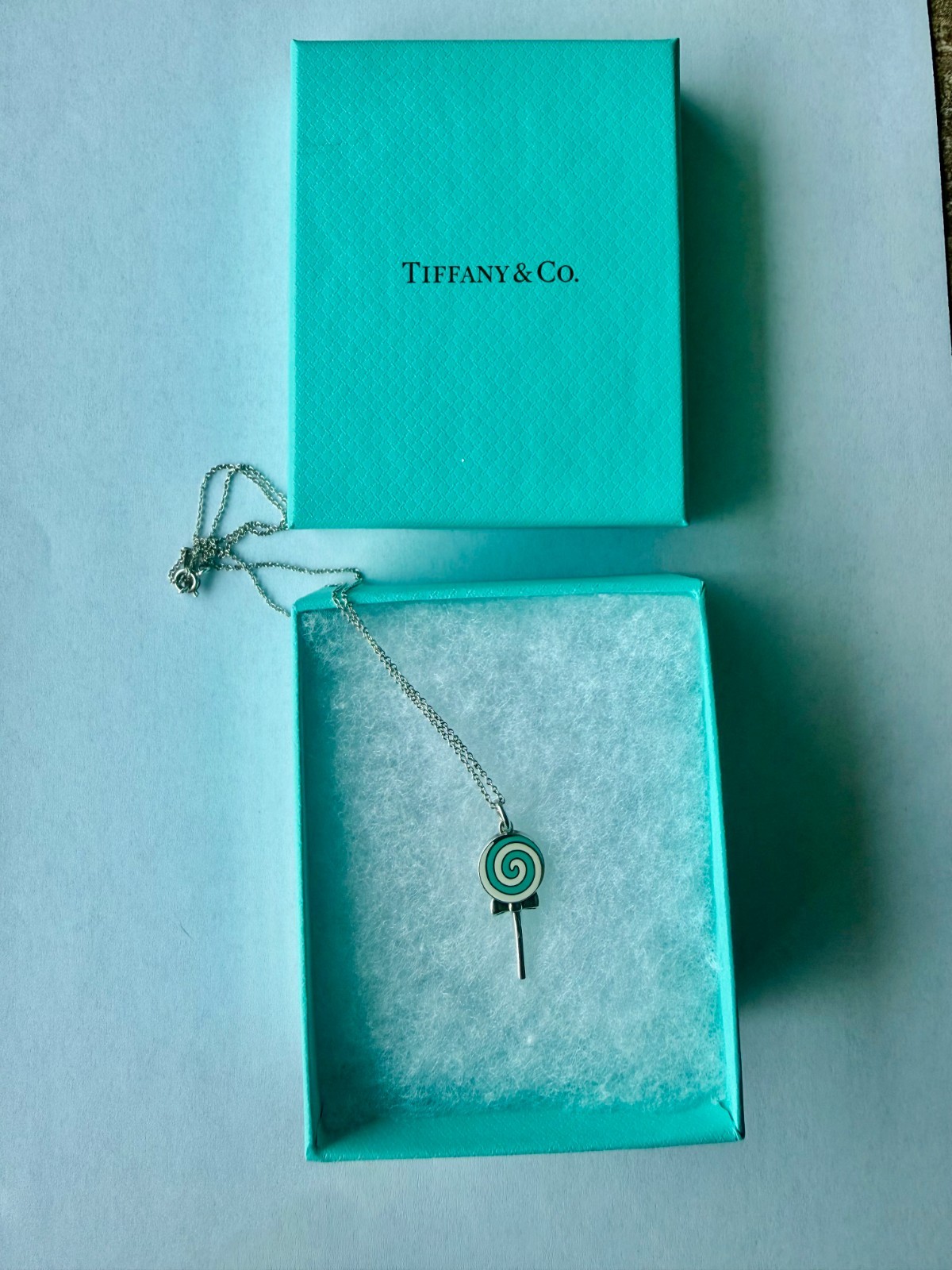 Tffany & Co. Lollipop Blue Enamel Pendant Charm 18″ Necklace Sterling Silver