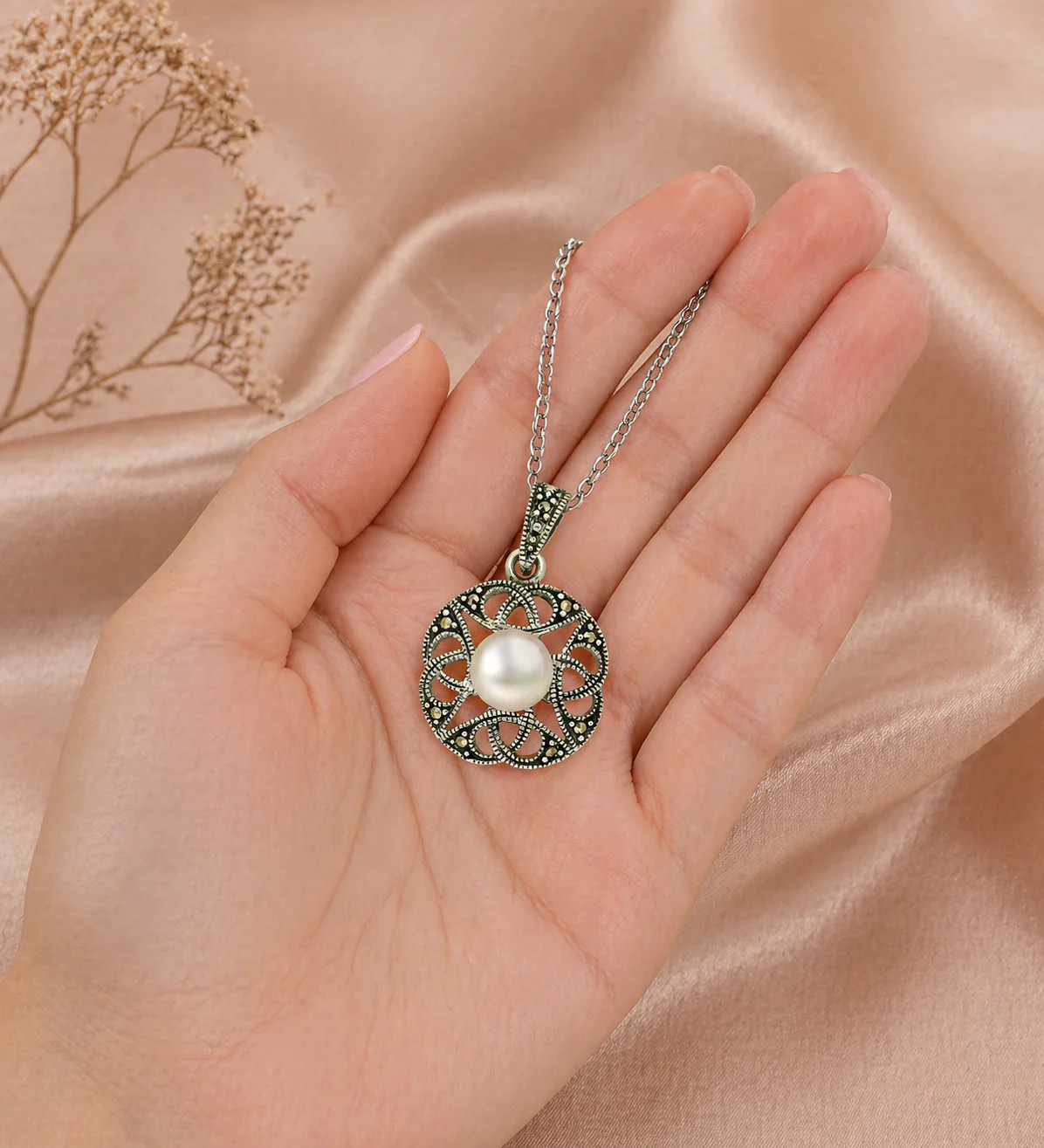 Sterling Silver Freshwater Pearl & Marcasite Filigree Pendant