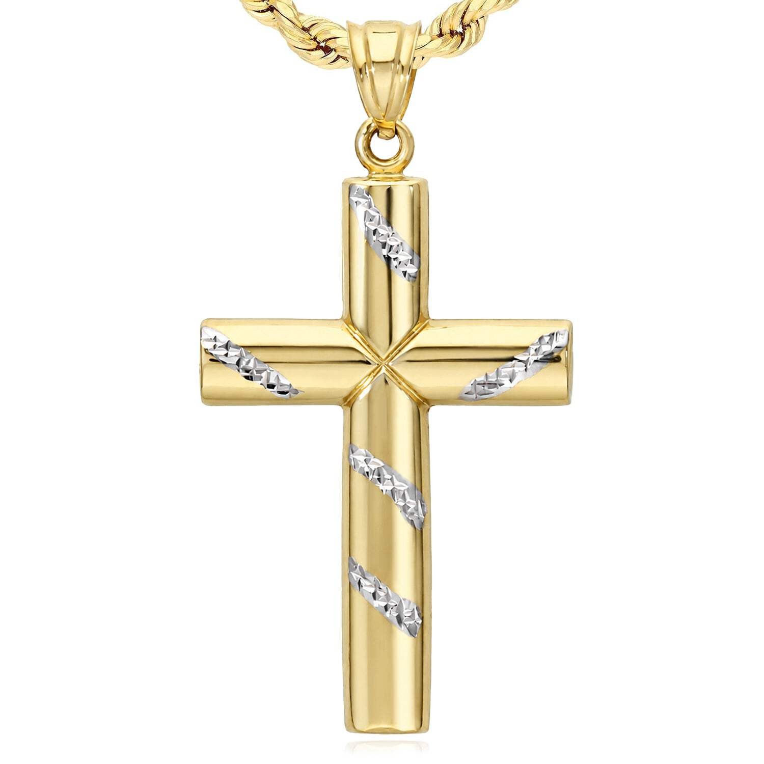 10K Yellow Gold-Filled Two-Tone Religious Cross Pendant 2.3″