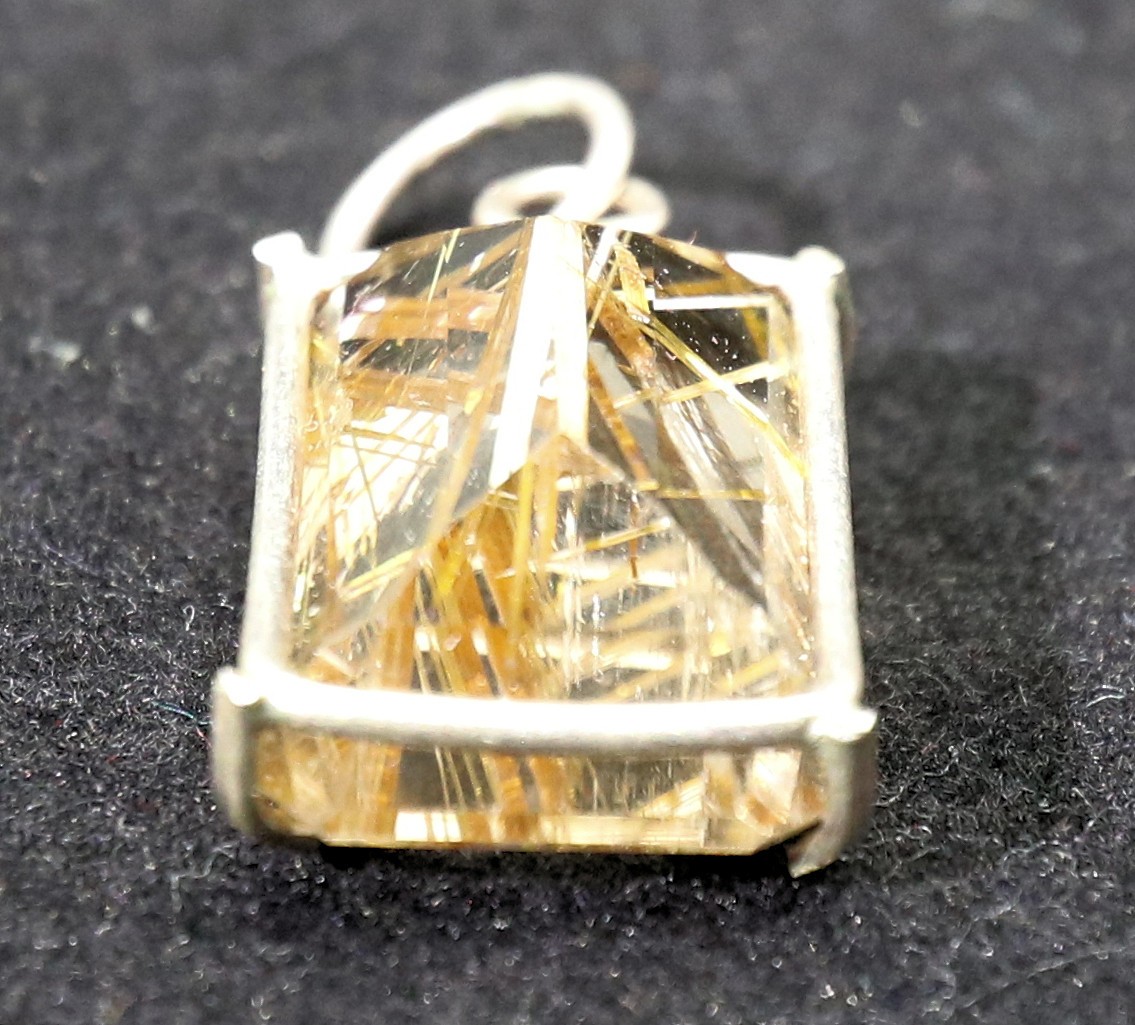 Vintage Rutilated Quartz Faceted Gold Pendant 3/4 x 1/2 x 1/2 Inch