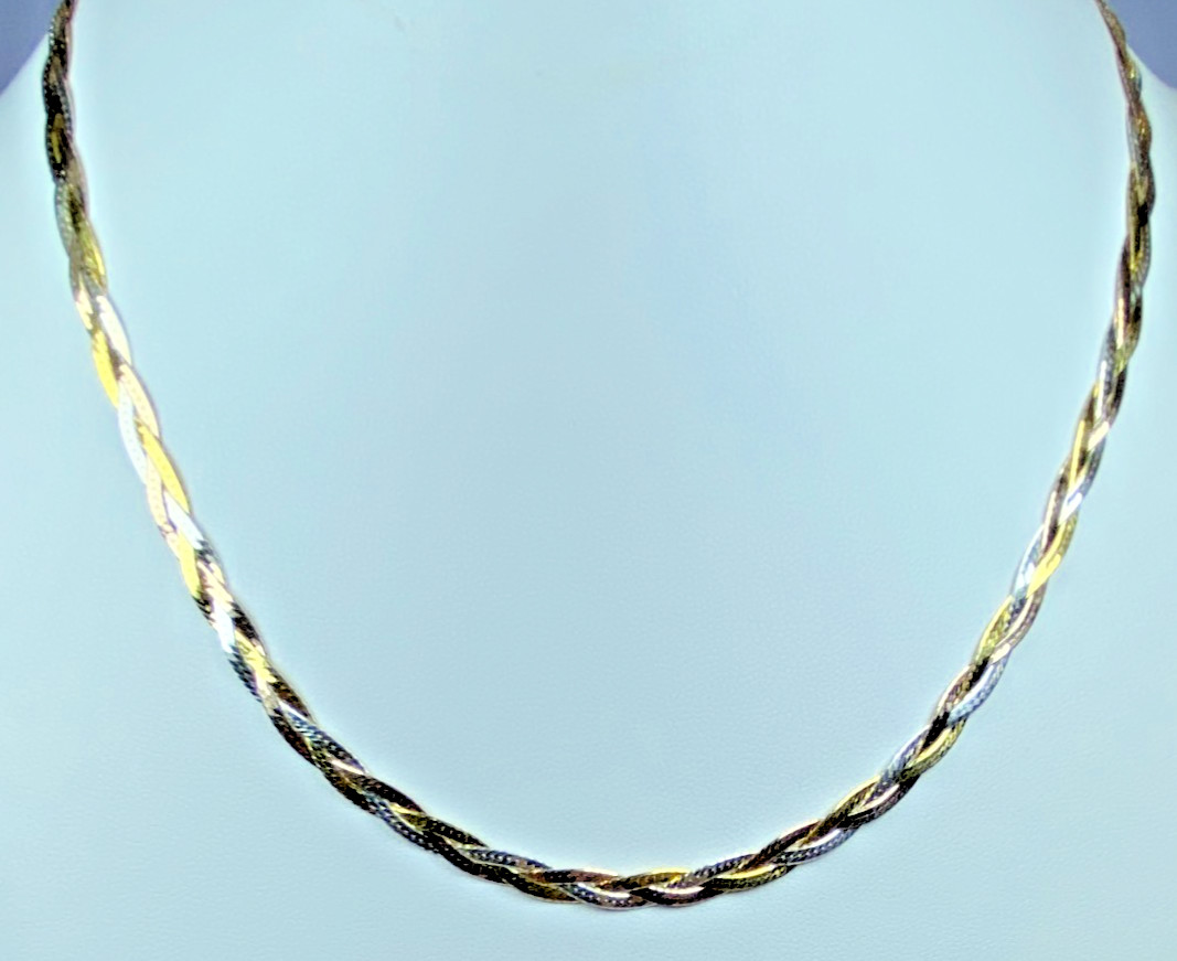 22K Gold over Sterling Silver AGI Signed Tri-Color Braided Necklace, 20″, 11.2g