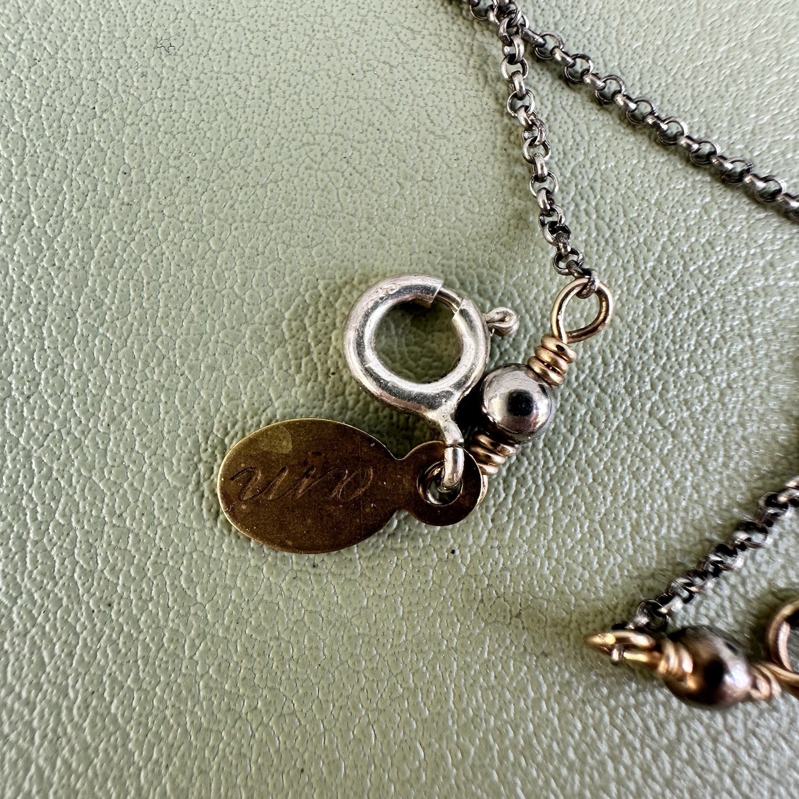 Vintage Hand Glove Necklace Sterling Silver Chain 19” Bronze Charm Mixed Metal
