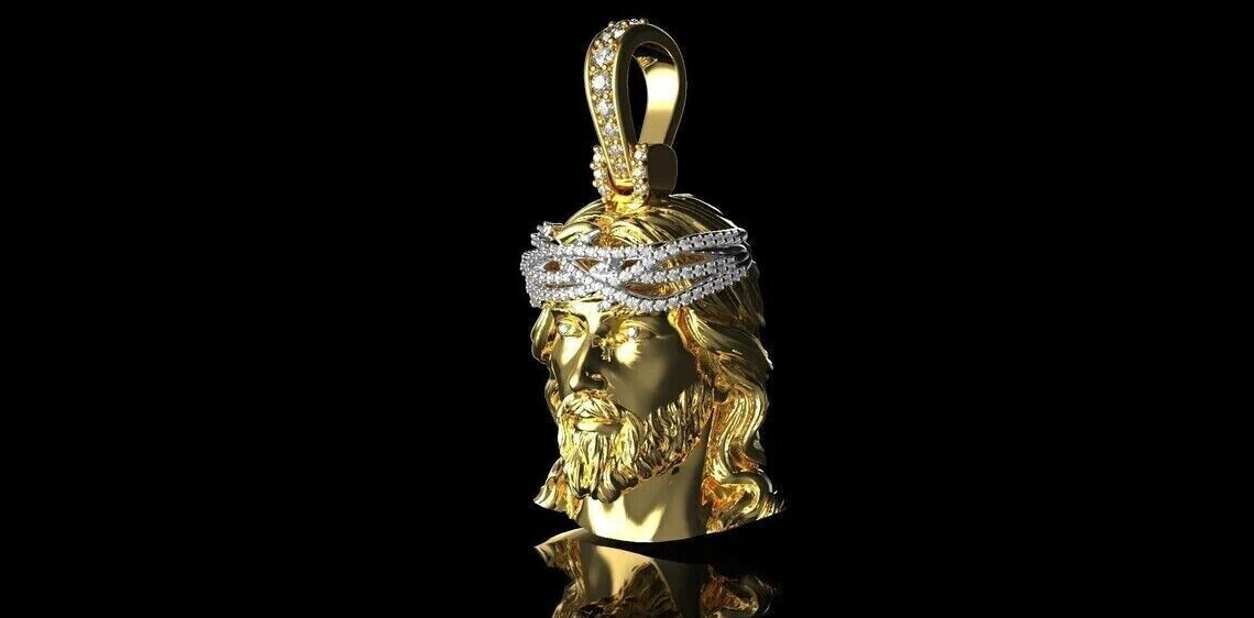 1Ct Round Diamond Jesus Face Matte Men’s Pendant 14K Yellow Gold Plated