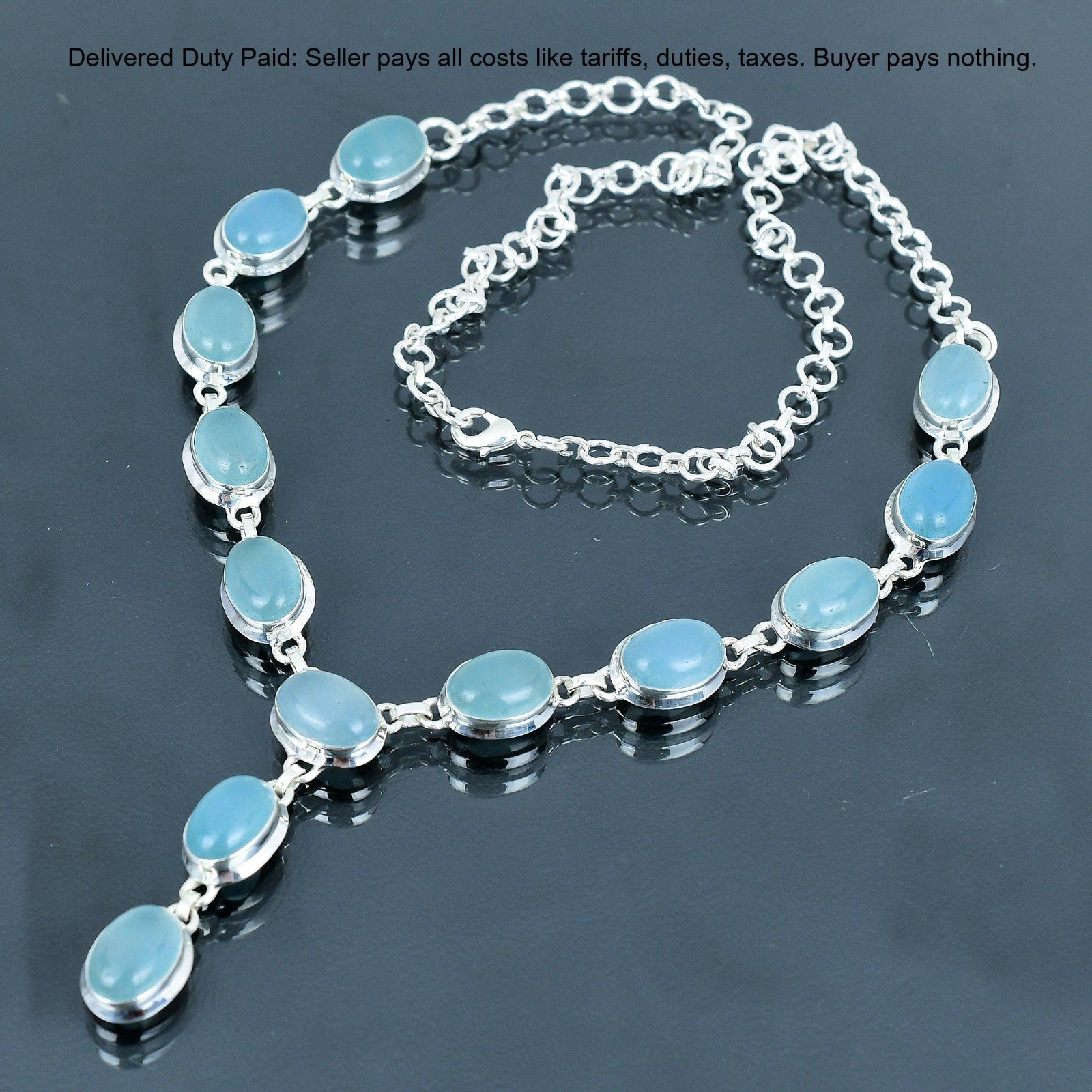 Valentines Deal Sterling Silver Oval Aquamarine Gemstone Chain Necklace Jewelry